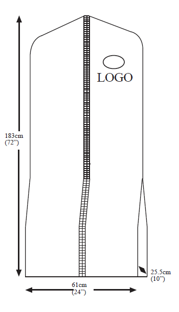 Gabarit coté de la Housse pour robe de mariée BB72 (61cm x 183cm x 25.5cm) : dimensions et emplacement du marquage