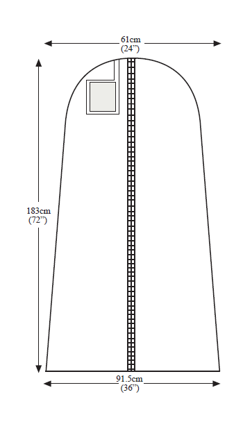 Gabarit coté de la Housse pour robe de mariée CR72 -W72 (91.5cm x 61cm x 183cm) : dimensions et emplacement du marquage