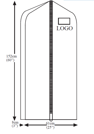 Gabarit coté de la Housse en coton NAT / DRESS (152cm x 61cm x 13/25cm) : dimensions et emplacement du marquage