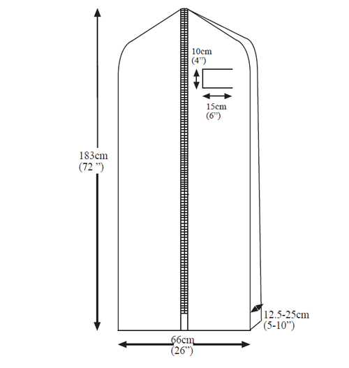 Gabarit coté de la Housse pour robe de mariée en coton NAT/WED (183cm x 61cm x 13/25cm) : dimensions et emplacement du marquage