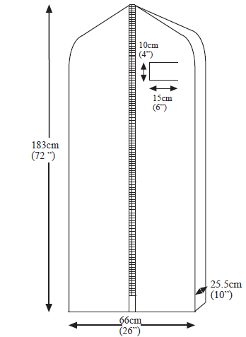 Gabarit coté de la Housse pour robe de mariée RELW / GX (183cm x 66cm x 25.5cm) : dimensions et emplacement du marquage